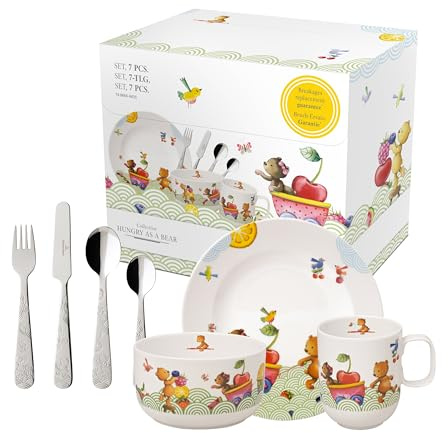 Villeroy & Boch - Hungry as a Bear, 7 st. Servisset för barn med bestick | Premiumporslin | Rostfritt stål 18/10 | Vitt/kulört