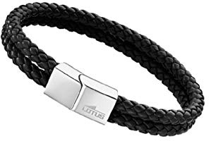 LOTUS STYLE Pulsera Hombre Cuero Brazalete de Diseño Sofisticado, Resistente y Confortable - Pulseras Hombre - Negra 208.00 mm LS2011-2/1 - Regalo de Cumpleaños, Día del Padre