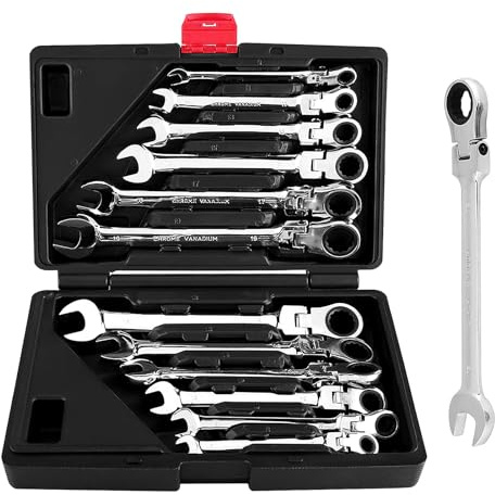 Ejoyous Ratchet Spanner Set, 72 Tooth Flexible Head Ratcheting Wrench Set for Garage Repair CRV Steel 8 to 19mm 12 Piece with Blow Molded Carry Case