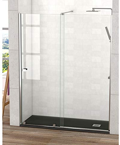 Mampara de Ducha Moderna FRONTAL CORREDERA Málaga Cromo – Fijo y puerta Corredera TRANSPARENTE – Cristal Templado 200cm Altura - Tratamiento ANTICAL y 8mm de espesor - Cromo, 185 cm