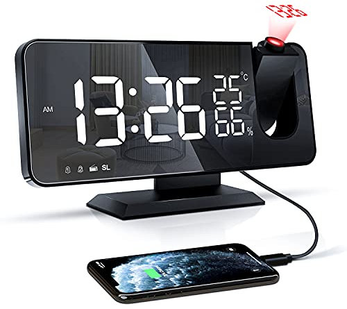 Apkyo Projektionswecker,Digital Wecker mit Projektion,Radiowecker mit USB-Ladeanschluss,Snooze-Doppelwecker,LED-Spiegelbildschirm,Temperatur-und Luftfeuchtigkeitsanzeige