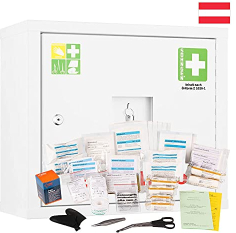 SÖHNGEN Söhngen Sanitätswandschrank JUNIORSAFE, weiß, mit Füllung Ö-Norm Z 1020 Typ 1 aus Stahl, Art.-Nr. 0503020 + 0390901 | Erste Hilfe Schrank | Verbandsschrank | Sanitätswandschrank