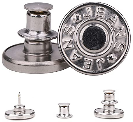 Weddecor No-Sew 17mm Jean Button Replacements, Instant Fit Jeans Button Pins, Detachable Tool-Free Buttons, Reusable Instant Buttons for Denim Jeans, Jackets Silver Print, 2pcs