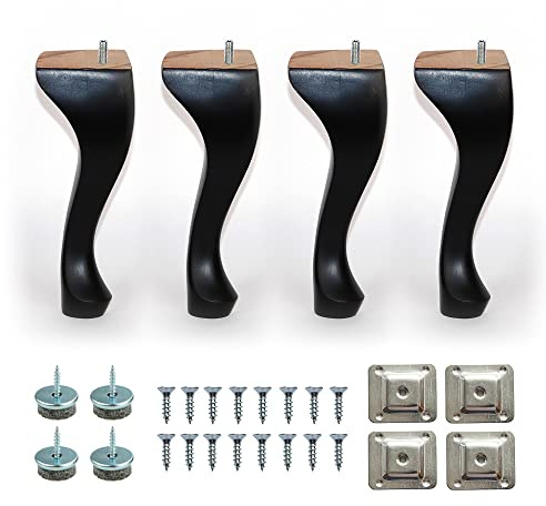 Britwood 9'' Queen Anne Wooden Furniture Replacement Legs Black M8 Thread With Level Mounting Plates Protective Felt Pads Set Of 4 Replacement Legs For Sofa Cabinet Footstool Chair Bed Ottoman