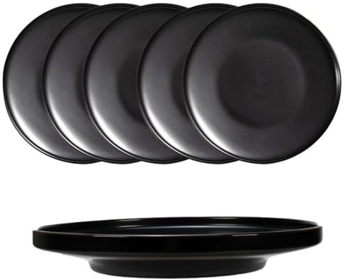 Kadum Lot de 6 assiettes à petit-déjeuner en céramique noire - Assiettes plates en céramique de 26 cm - Assiettes de service noires - Assiettes à dessert