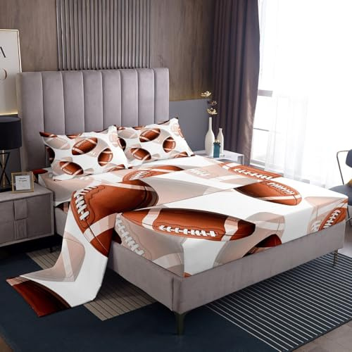 Feelyou Football Rugby Bed Sheet Set Kids American Football Bedding Sheets for Boys Girls Sports Theme Decor Bedding Fitted Sheet Ball Competition Games Bed Cover Bedroom Collection 3Pcs Twin Size