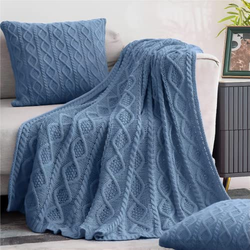 Homiest Zopfstrick-Überwurf, leichte Acryl-Strickdecke mit Rautenstruktur, weich und gemütlich für Couch, Bett, Sofa, 152 x 203 cm, Blau