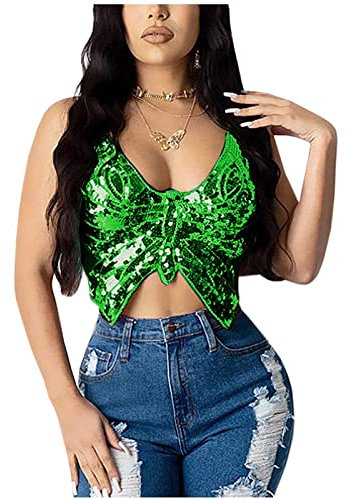 Generic Damen Glitzer Pailletten Schmetterling Crop Top Karneval Kostüm Tank Top Club Kostüm Corset Top Karnevalskostüme (Grün, One Size)