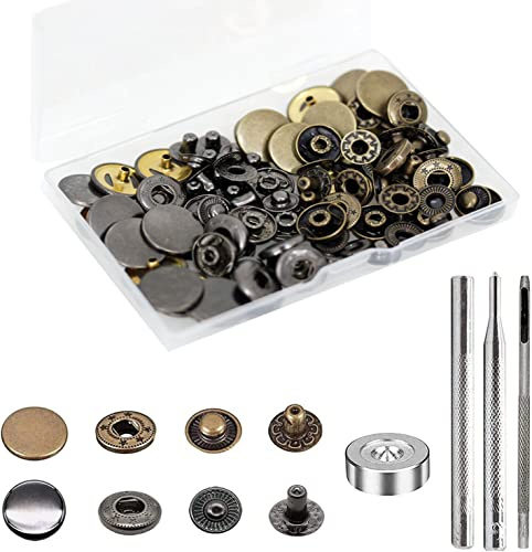 24 Sets Heavy Duty Leather Snap Fasteners Kit, BetterJonny 17mm Metal Snap Buttons Press Studs Leather Rivets Snaps with 4 Setter Tools for Clothes Bracelet Jackets Jeans, 2 Color