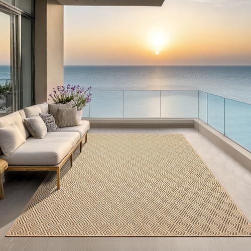 the carpet Kansas Outdoor Teppich – Wetterfester Indoor & Outdoor Teppich im Jute-Look für Balkon, Terrasse, Garten, Wohnzimmer & Esszimmer, pflegeleicht und UV-beständig, Raute, ca. 80 x 150 cm