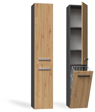 CDF Mueble de Baño y Lavandería, Columna de Baño Estrecho, Armario Alto con Cesto para la Ropa, Armario Que Ahorra Espacio Salón, Pasillo, Aseo Antracita/Roble Artisan, Ancho 31 cm, 30x31x174 cm