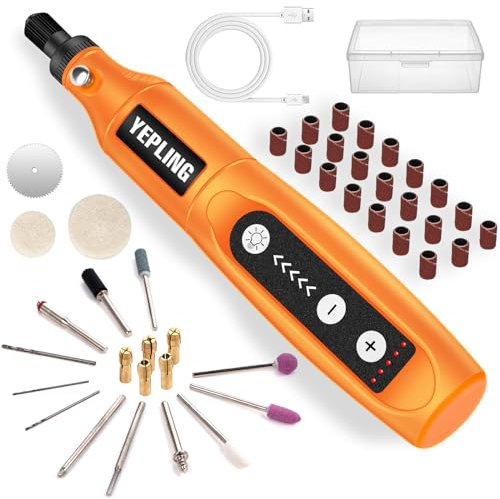 YEPLING Outil Rotatif Sans Fil, 3.7V Li - ion Electrique DIY Mini Grinder Kit Avec Lampe De Travail LED Avant, 5 VitessesVariables, 40 Pièces Accessoires USB Rechargeable Outil Multifonction