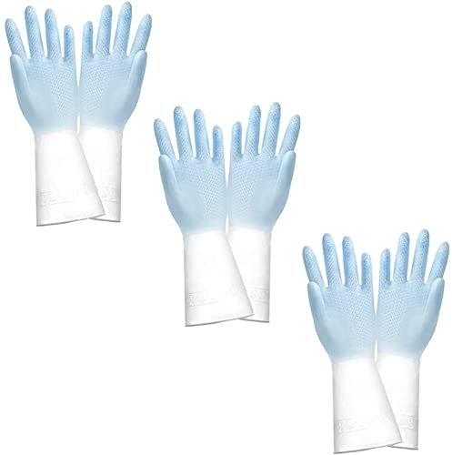 BAMFY Putzhandschuhe Zum Geschirrspülen 3 Paare Wiederverwendbar Haushaltshandschuhe Wäscherei Küche Gartenarbeit Gummihandschuhe (Color : Blau, Size : S)