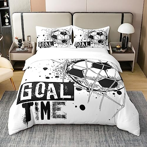 Homewish Kids Football 100% Washed Cotton Comforter Cover Double Soccer Bedding Set Sports Games Duvet Cover for Boys Girls Children Teens Geometric Polygon Quilt Cover for Bedroom,Black White
