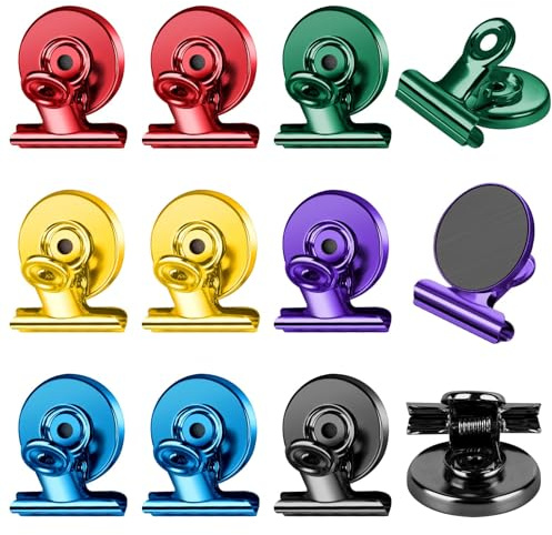 FINDMAG 12 Pack Magnetic Clips for Picture Hanging and Photo Display, Strong Scratch-Free Heavy Duty Magnet Christmas Light Clips for Refrigerator, Sculptural Picture Frame, Whiteboard, Office, School