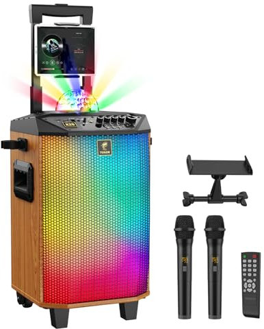 Karaoke Maschine für Erwachsene, TONOR tragbarer Bluetooth Lautsprecher mit 2 kabellosen Mikrofonen, PA-System mit Discokugel-Lichtern für Zuhause, Party, KTV, Braun, unterstützt Rec/USB/TF/AUX