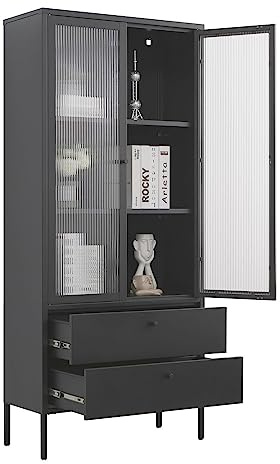 Mein-Regal Vitrine Paris Schrank Industrial Style Wohnzimmer, Schwarz | Metall Vitrinenschrank Regal mit Schubladen, Türen, Einlegeböden, Mehrzweckschrank LxBxH 80x35x180 cm