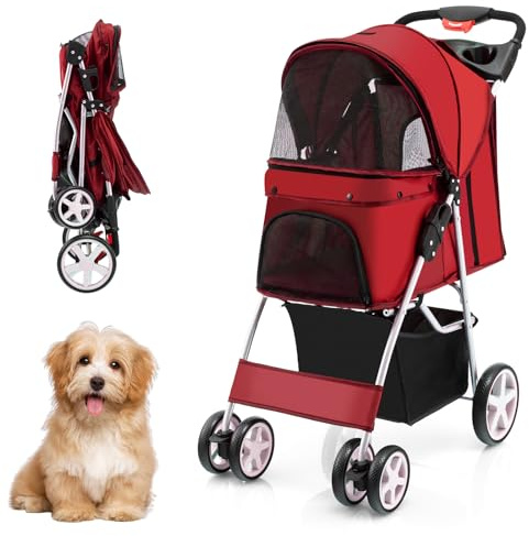 COSTWAY Passeggino per Cani, Carrozzina per Cani Pieghevole Fino a 15 kg, 4 Ruote con Finestra a Rete Porta Bicchiere e Cesto, Passeggino Portatile per Animali Piccola e Media (Rosso)