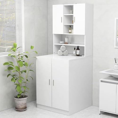 Homgoday Waschmaschinenschrank Weiß 70,5x25,5x90 cm | Holzwerkstoff | Badezimmerregal mit 2 Türen und 9 Fächern(Der Versand beinhaltet Nicht den Container)
