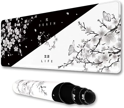 Gaming Mauspad Groß Mousepad 1000x500x3mm Large Tastatur Matte mit Verbessert Geschwindigkeit und Präzision Mausmat Anti-Rutsch Gummibasis für Gaming Office Home - Schwarz Weiß Blume