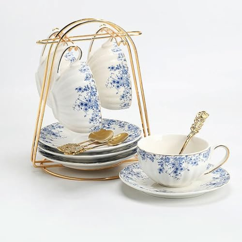 TAMTAK Service à thé de l'après-midi de Style Anglais, théière à Fleurs, Tasse à thé en Verre, Tasse à café et Soucoupe en Porcelaine Bleue et Blanche