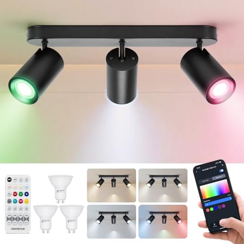 Aigostar Lámpara de Techo Inteligente 3 Focos GU10 Compatible con Alexa Bluetooth Mesh, Plafón Foco de Techo LED Regulable Colores, Apliques Interior Ajustables y Giratorios para Dormitorio Cocina