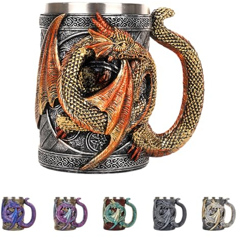 Fovolat Dragon Beer Mug | 3D Medieval Stainless Steel Dragon Beer Stein Tankard | 3D Metal Tankard Drinkware Mug | Collectible Dragon Drinking Mug for Dragon Lovers