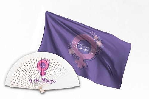 Pack Balconera con Abanico Día Internacional de la Mujer 8M. Decoración exterior 70x100 cm. Tela impresa Día de la Mujer 8M. Abanico Día de la Mujer Feminismo. Abanico barato de madera blanco.