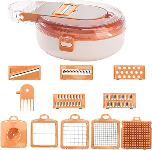 Multifunktionaler Gemüseschneider - 12-in-1 Lebensmittelhacker Mandoline Schneider Würfelschneider Boxreibe Abtropfkorb Küchengeräte-Set Mit Mehrfachklingen (Orange)