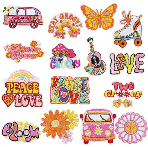 Qpout 17 Piezas Parches Hippie Planchar Parches Vintage Groovy Boho Signo de la Paz Bordado Reparación Parches Decorativos Kit para Coser Ropa Mochila Chaquetas Vaqueros Camisa DIY Decoraciones