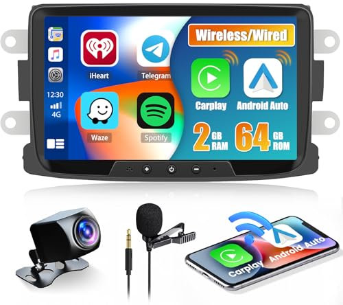 Hikity 2+64G Android Autoradio für Renault Dacia Duster Sandero Captur Logan Dokker Wireless Carplay Android Auto, 8 Zoll Autoradio mit Bildschirm Navi Bluetooth EQ FM/RDS USB Rückfahrkam