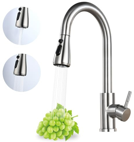 Jlerli Kitchen Faucet with Pull Down Sprayer, High Arc Brushed Nickel Single Handle Kitchen Sink Faucet, Stainless Steel, 3 Mode(Stream/Spray/Pause), 360° Swivel, Grifos para Fregaderos de Cocina
