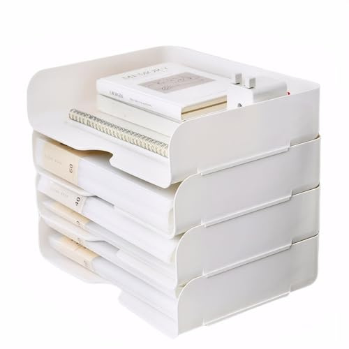 Accmuzzy Corbeille à Courrier en Pet Blanc Empilable,Organisateur Bureau 4 Étagères A4,Organisateur de Bureau,Banette de Rangement pour Bureau et Maison (4 Pièces, Blanc)