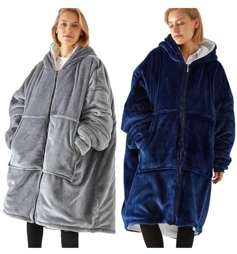 JMORCO Decke Mit ärmeln Tragbare Hoodie-Decke, übergroßes Decken-Sweatshirt for Erwachsene, Damen und Herren, Decken-Sweatshirt mit Ärmeltasche und Reißverschluss(Blue)