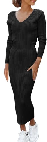 Abito a matita, lungo, elasticizzato, da donna, invernale, elegante, scollo a V, in jersey, slim fit, tubino curvy, lunghezza alla caviglia, per il tempo libero, maglia a coste, Nero , XL