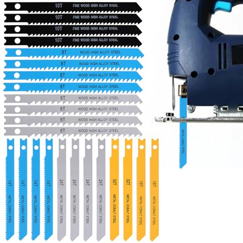 28 PCS U-Shank Jig Saw Blade Set, Jigsaw Blades Fit Vast Majority U Shank Jigsaws, Jigsaw Blades Set for Wood, Plastic and Metal Cutting, 6T 8T 10T 14T 18T 24T 32T