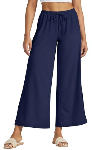 WILLIT Palazzo Pantalon large pour femme - Pantalon de loisirs léger - Taille haute - UPF 50+ - Séchage rapide - Protection solaire avec poches, bleu marine, M