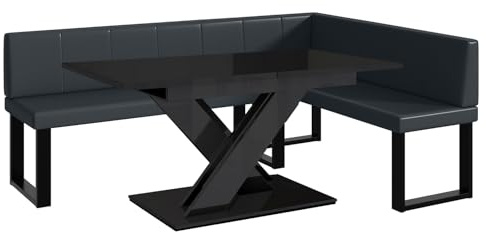 MEBLINI Eckbank für Esszimmer mit ausziehbarem Tisch - Küchenbank - Essecke - Sitzecke Küche - Peter - U-Beine 142x196x87cm Rechts - Dunkelgrau Kunstleder/B Schwarz Hochgl.