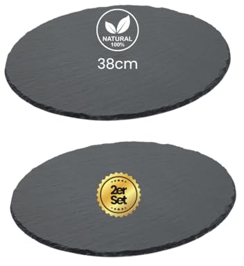 getgastro Uppsättning av 2 naturliga skifferplattor rund Ø 38 cm – högkvalitativ skifferplatta för snygg installation och servering – robust och elegant