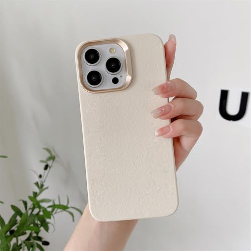 FYYFTYT Luxuriöse, einfarbige Hülle mit Metalllinsenschutz und Ledermuster für iPhone 16 14 13 12 Pro Max 15 Plus 11, stoßfeste Stoßstangenabdeckung, cremeweiß, für iPhone 13 Pro