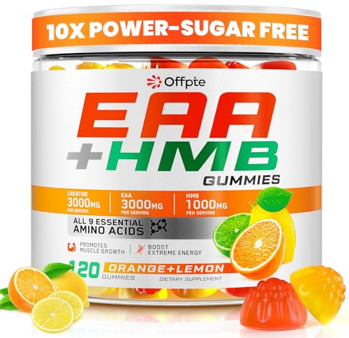 EAA Gummies for Men Women, 120 Ct Essential Aminos Acids (EAA)Supplements and All Branched-Chain Aminos (BCAAs)with HMB,Creatine Monohydrate,Electrolytes for Muscle Relief & Growth,Orange-Lemon