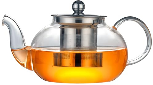 Glass Teapot with Stainless Steel Infuser, 33.8 fl oz / 1000 ml Heat-Resistant Tea Pot with Lid, Great for Loose Tea and Flower Tea, Dishwasher Safe, Microwave Safe, Ergonomic Handle
