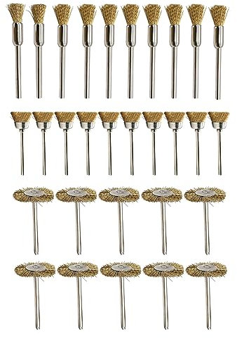 ASHLUYAK Juego de 30 cepillos de limpieza de alambre de cobre eléctrico, ruedas de alambre de latón, kit de cepillo de bolígrafo, accesorios para herramientas rotativas, limpiador de brocas de mano