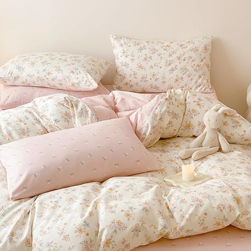 Erwinmu Floral Duvet Cover Set Twin Size,Pink White Floral Pattern Reversible Bedding Set for Girls Kids,Garden Style Microfiber Comforter Cover with Zipper Closure and 1 Pillowcase