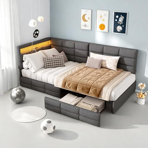 DAHUEN Schlafsofa Bett 90x200 cm für Kinder mit LED-Kopfteil und USB-Anschluss, Polsterbett Kinderbett mit 2 Schubladen, Jugendbett Tagesbett Bettgestell mit Lattenrost, Leinen (Grau-a, 90x200)