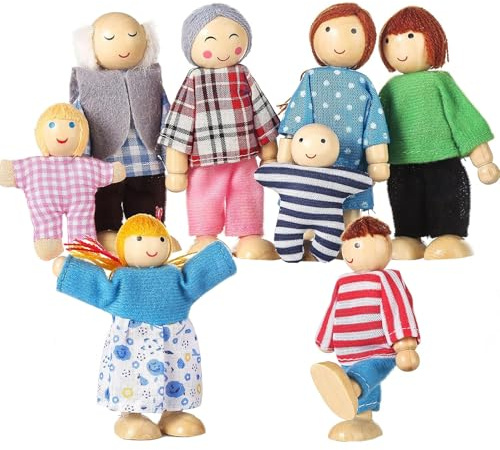 Doll House, Dollhouse People 8 Family Figures Wooden Dolls Poseable Cute Doll House People Figures for Home Girls Boys Toddler Kids Dollhouse Accessories Toy