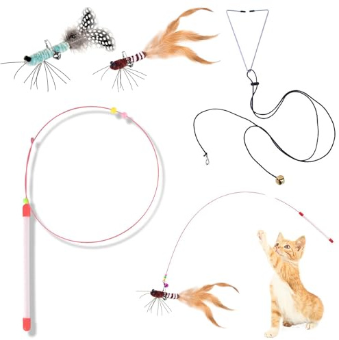 Noaxylic Interaktives Katzenspielzeug, mit 2 Katzenangel und 2 Feder Spielzeug mit Glocken, Katzenspielzeug Feder, Katzenangel Anhänger, Federspielzeug für Katzen, Intelligenz Spielzeug, für Katze