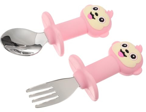 DECOMELODY Trainingsbesteck Satz Kleinkind Gabel Löffel Kurzgriff Silikon Edelstahl Babygeschirr Mit Affenmotiv Für Babys Füttergeschirr