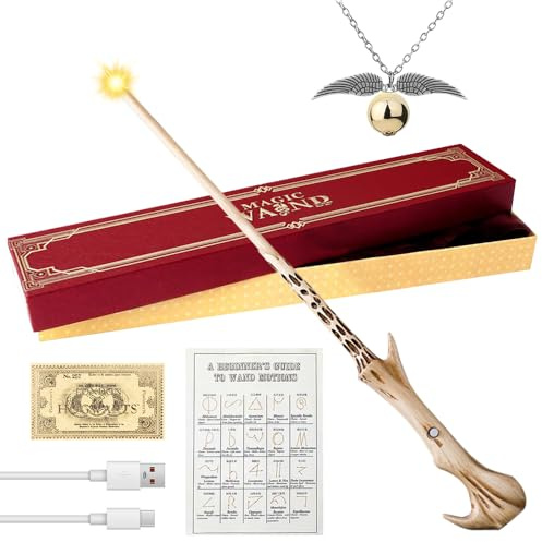 Voldemort Baguette lumineuse de 35 cm avec ticket de station, carte de sort et collier avec chargement USB, baguette magique luisante Lord Voldemort dans un coffret cadeau pour Halloween
