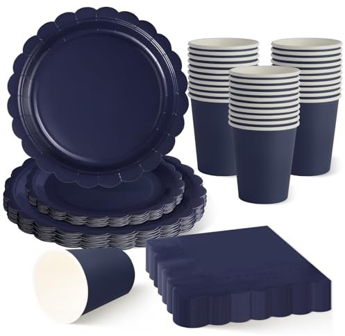 ZblPyro Azul Marino vajilla cumpleaños para 30 invitados con platos carton ondulados 23cm y 18cm, vasos de papel y servilletas. Ideal para eventos empresariales y barbacoas.